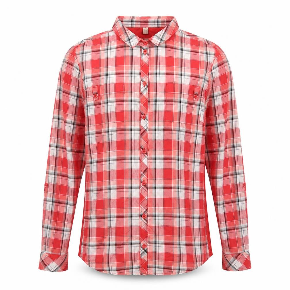 Front view of ESPRIT Women's Red Check Long Sleeve Cotton Button-Up Shirt, size 14