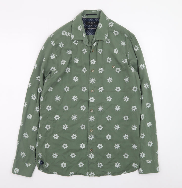 Ted Baker Men's Green Geometric Print Long Sleeve Cotton Shirt Size M