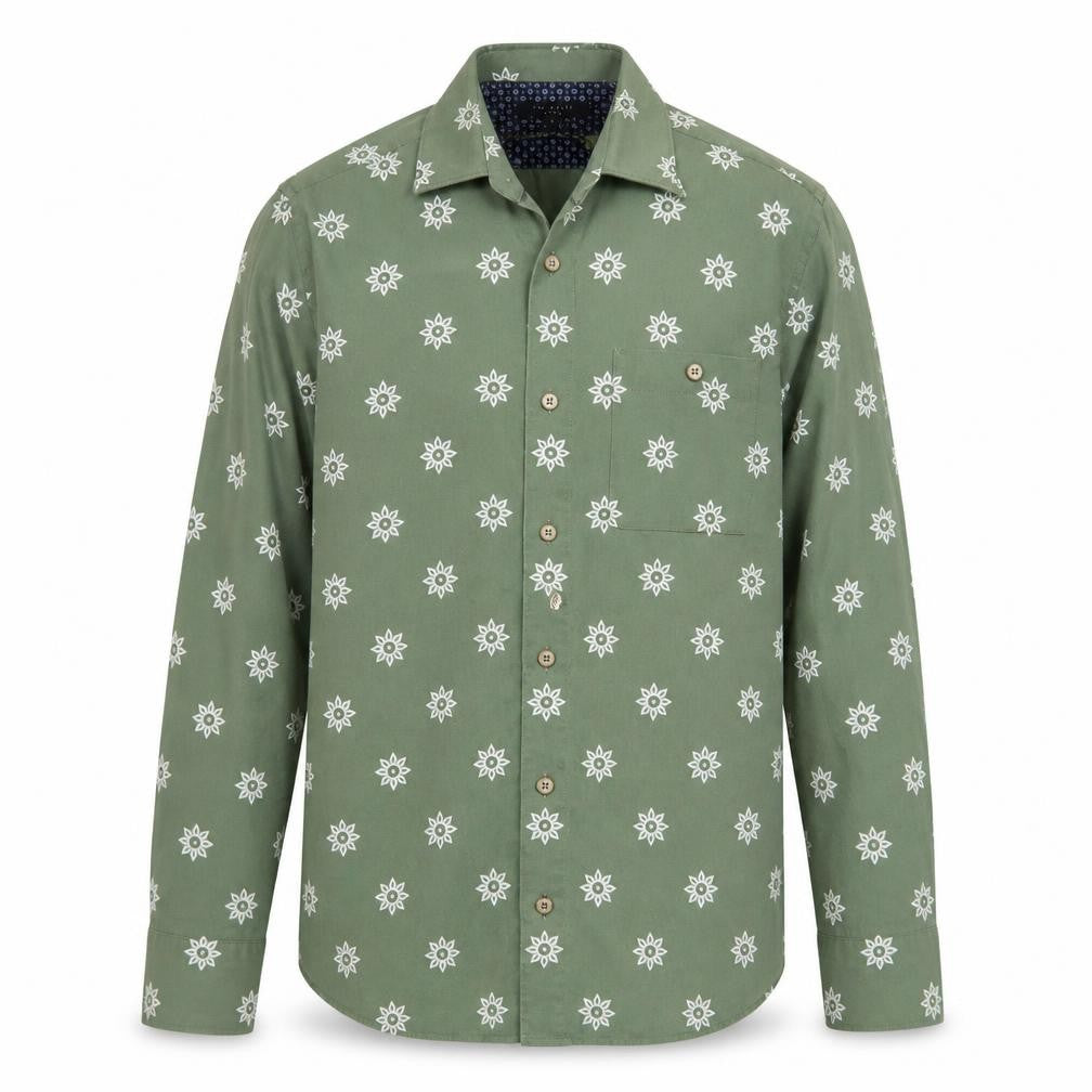 Ted Baker Men's Green Geometric Print Long Sleeve Cotton Shirt Size M