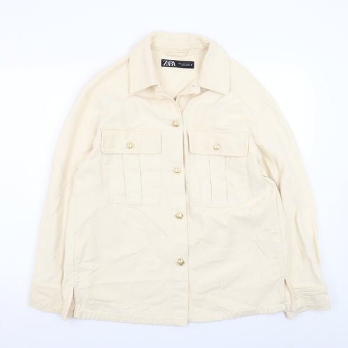 ZARA Women Beige Cotton Button Up Mid-Length Jacket Size 12