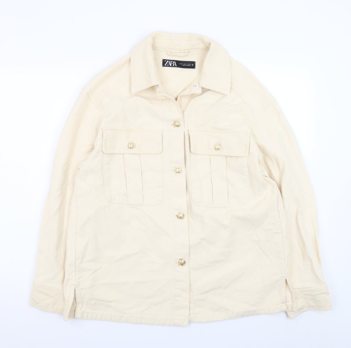 ZARA Women Beige Cotton Button Up Mid-Length Jacket Size 12