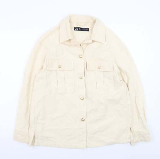ZARA Women Beige Cotton Button Up Mid-Length Jacket Size 12