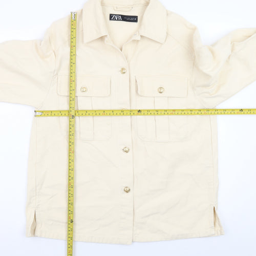 ZARA Women Beige Cotton Button Up Mid-Length Jacket Size 12