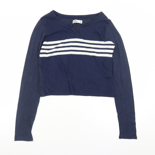 Hollister Womens Blue Striped Cropped Long Sleeve V-Neck T-Shirt XS
