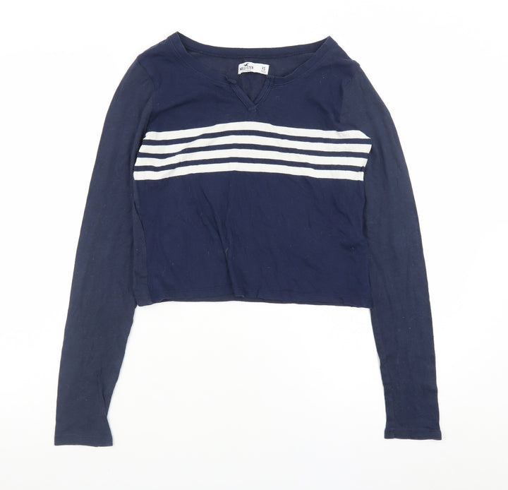 Hollister Womens Blue Striped Cropped Long Sleeve V-Neck T-Shirt XS