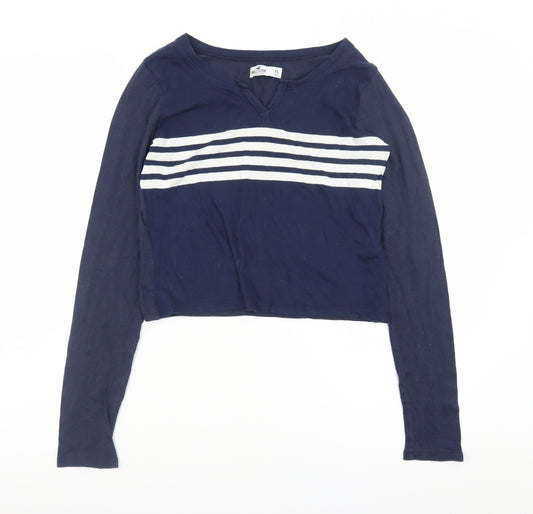 Hollister Womens Blue Striped Cropped Long Sleeve V-Neck T-Shirt XS