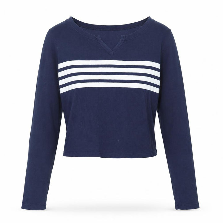 Hollister Womens Blue Striped Cropped Long Sleeve V-Neck T-Shirt XS