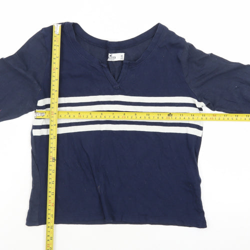 Hollister Womens Blue Striped Cropped Long Sleeve V-Neck T-Shirt XS