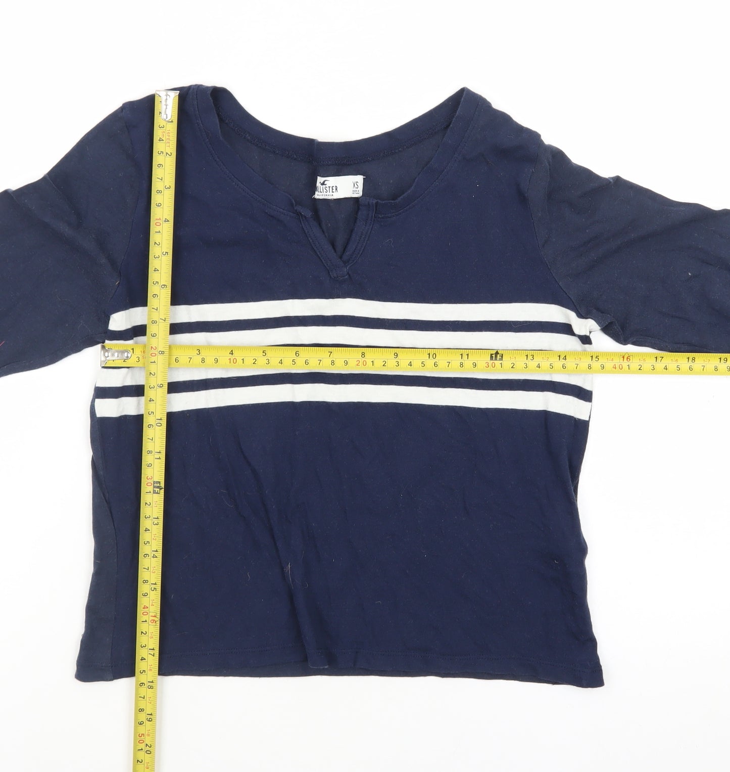 Hollister Womens Blue Striped Cropped Long Sleeve V-Neck T-Shirt XS