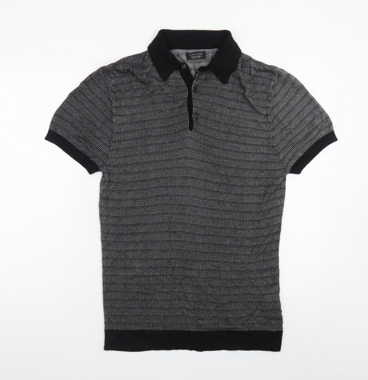 Zara Man Black Geometric Knit Polo Shirt Men's Size L