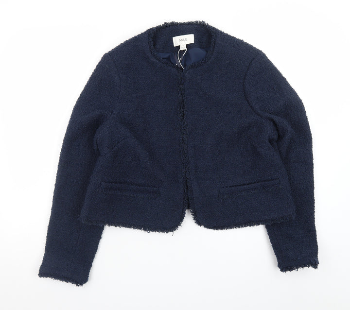 Marks and Spencer Womens Navy Blue Bouclé Blazer Size 14 Classic Lined Jacket