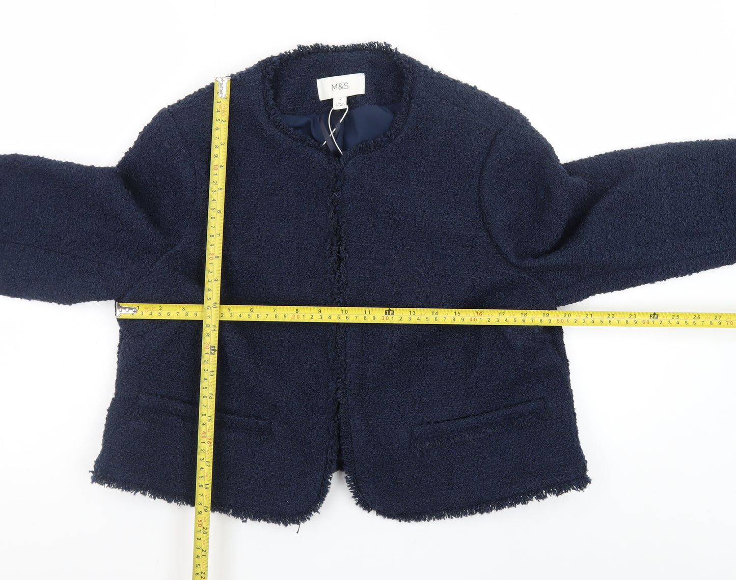 Marks and Spencer Womens Navy Blue Bouclé Blazer Size 14 Classic Lined Jacket