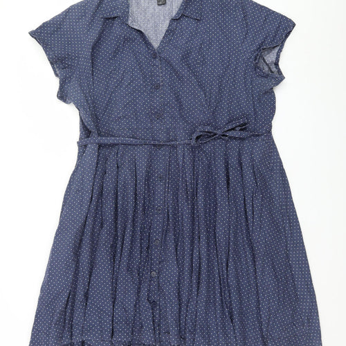 Ellos Women's Blue Polka Dot Cotton Short Sleeve Shirt Dress Size 14