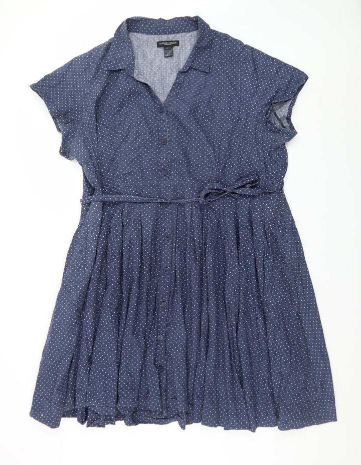 Ellos Women's Blue Polka Dot Cotton Short Sleeve Shirt Dress Size 14