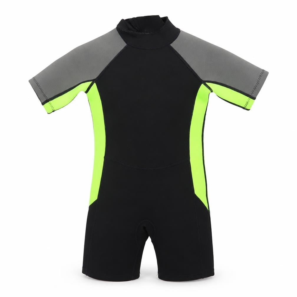 Front view of St Bernard boys’ black & neon green short sleeve wetsuit age 4