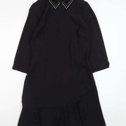 Warehouse Women Black Size 6 Shift Dress Beaded Collar 3/4 Sleeve
