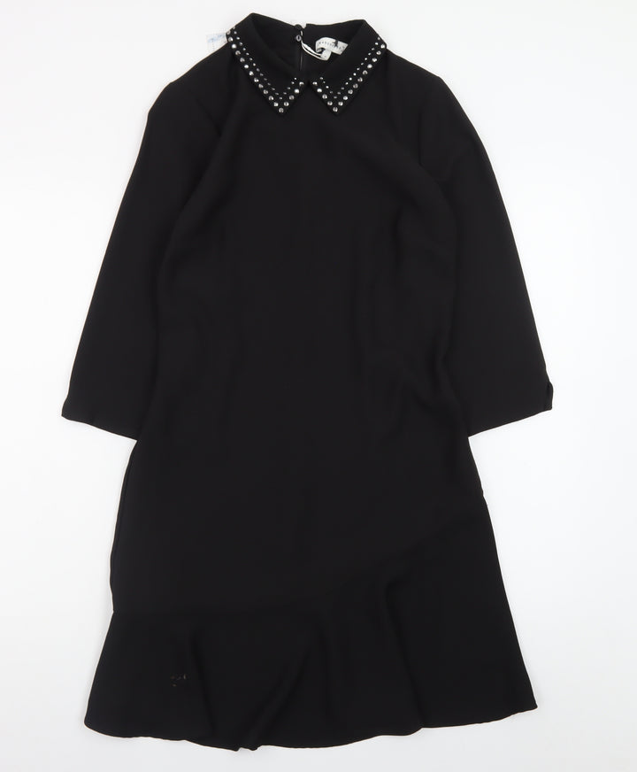 Warehouse Women Black Size 6 Shift Dress Beaded Collar 3/4 Sleeve