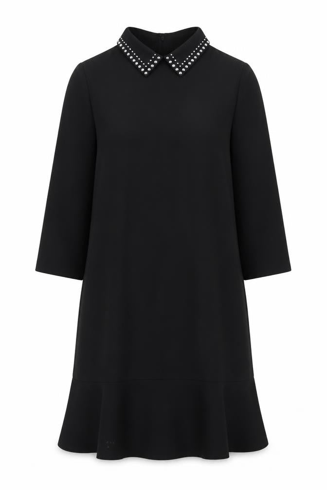 Front view of Warehouse Women Black, size 6, Shift Dress Beaded Collar 3/4 Sleeve