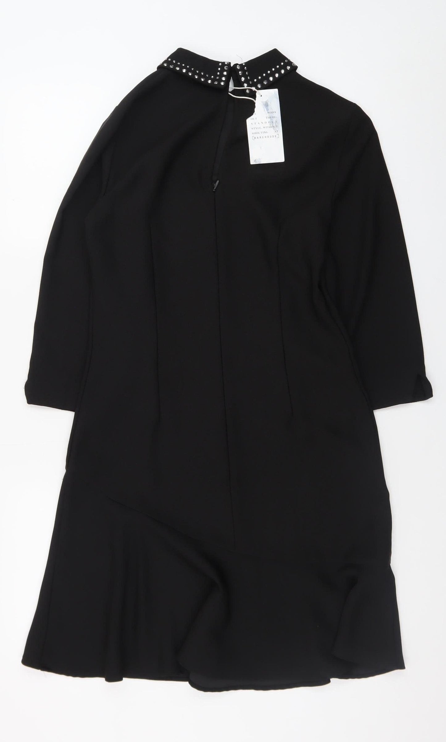 Warehouse Women Black Size 6 Shift Dress Beaded Collar 3/4 Sleeve