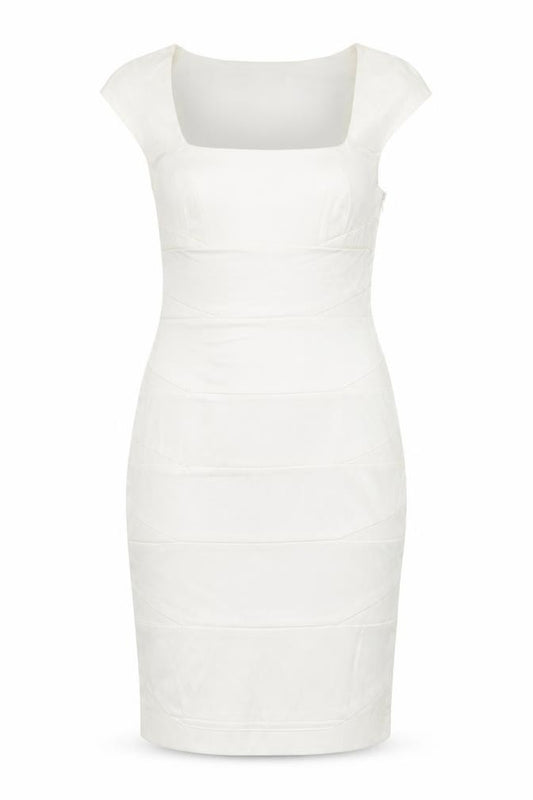 Front view of AX Paris Women Ivory Bodycon Midi Dress, size 12, Short Sleeve