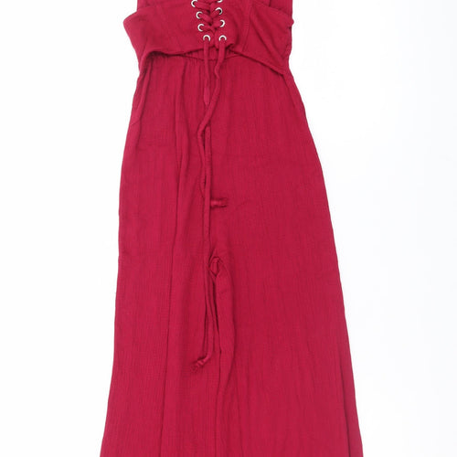Bershka Women's Red Wide-Leg Jumpsuit XS Lace-Up Waist Sleeveless Summer