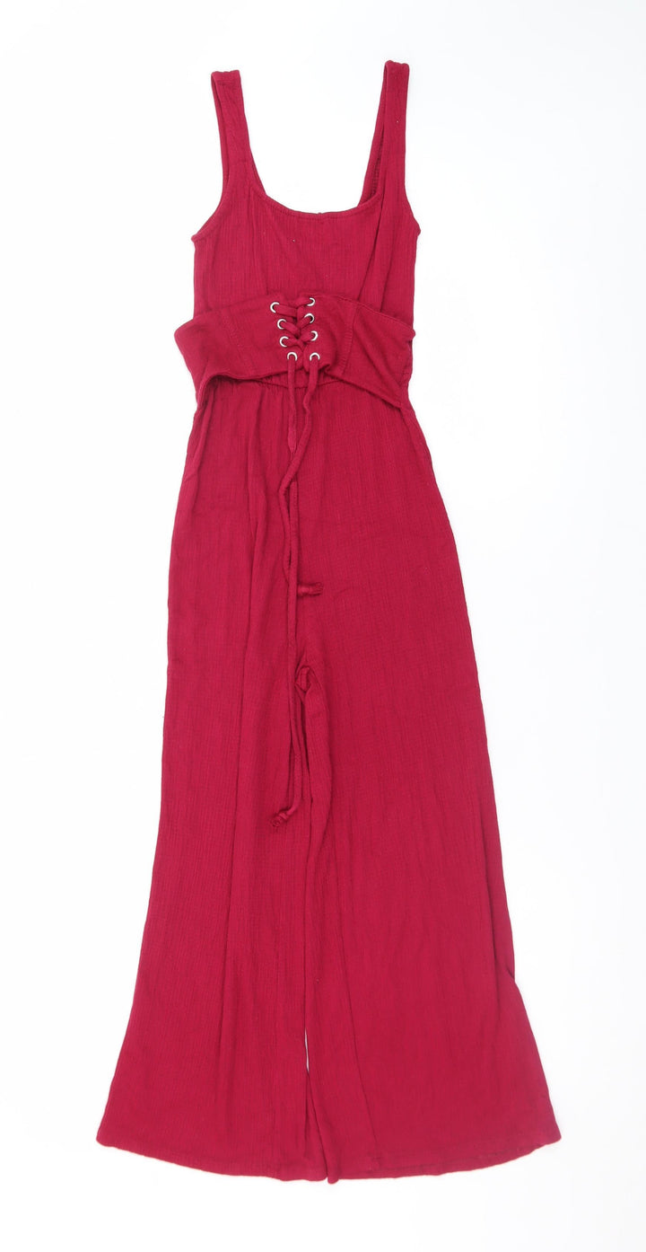 Bershka Women's Red Wide-Leg Jumpsuit XS Lace-Up Waist Sleeveless Summer