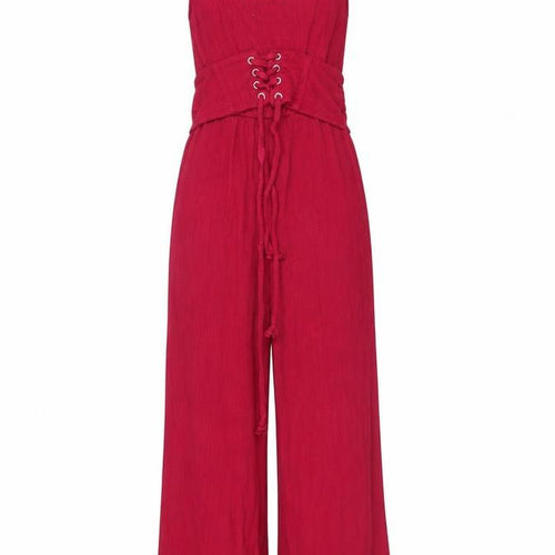 Bershka Women's Red Wide-Leg Jumpsuit XS Lace-Up Waist Sleeveless Summer