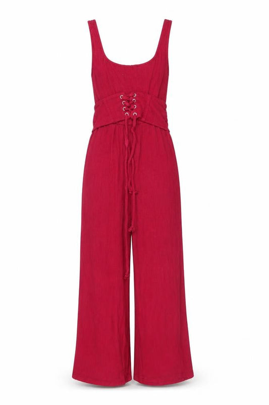 Bershka Women's Red Wide-Leg Jumpsuit XS Lace-Up Waist Sleeveless Summer