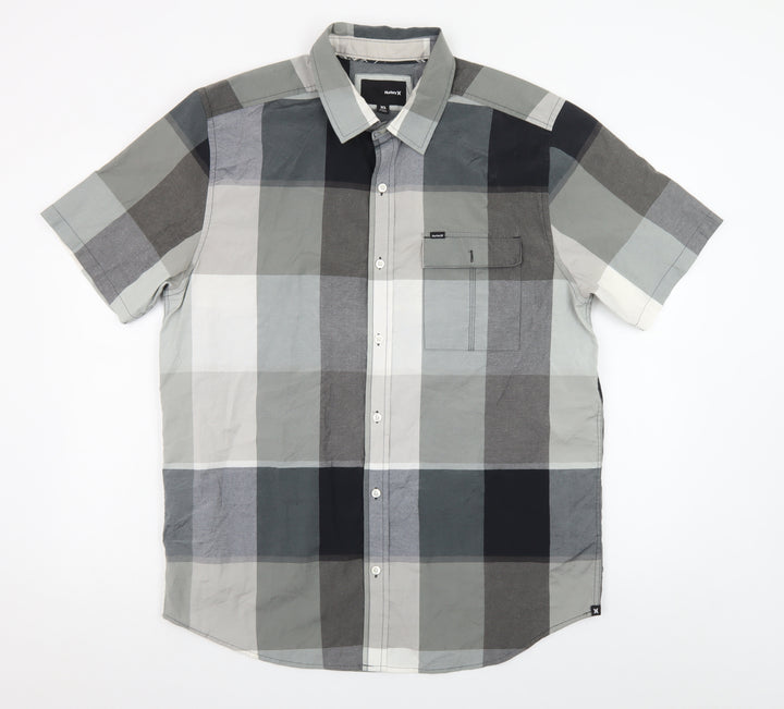 Hurley Men's Grey Check Short Sleeve Button-Up Shirt XL