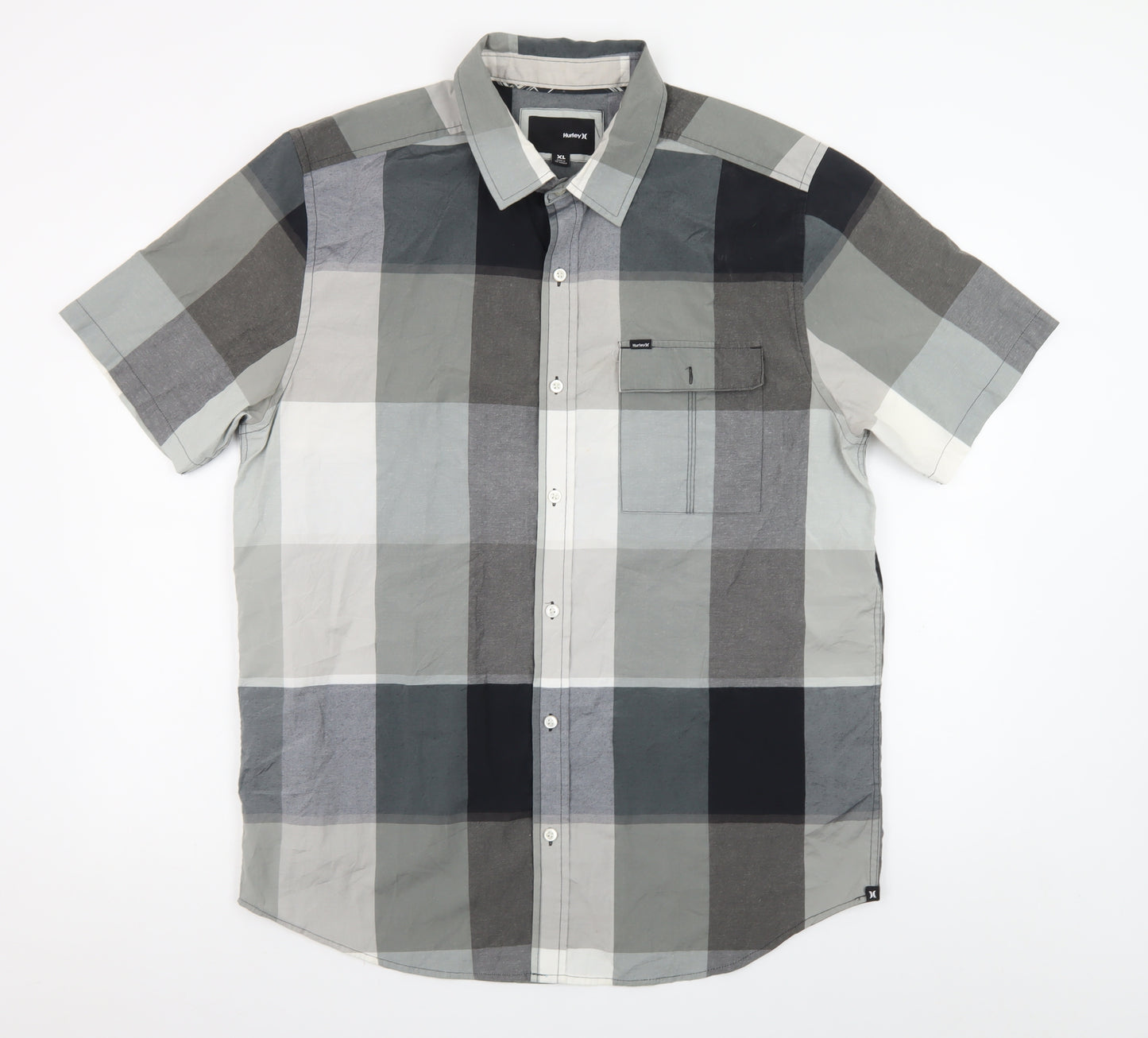 Hurley Men's Grey Check Short Sleeve Button-Up Shirt XL