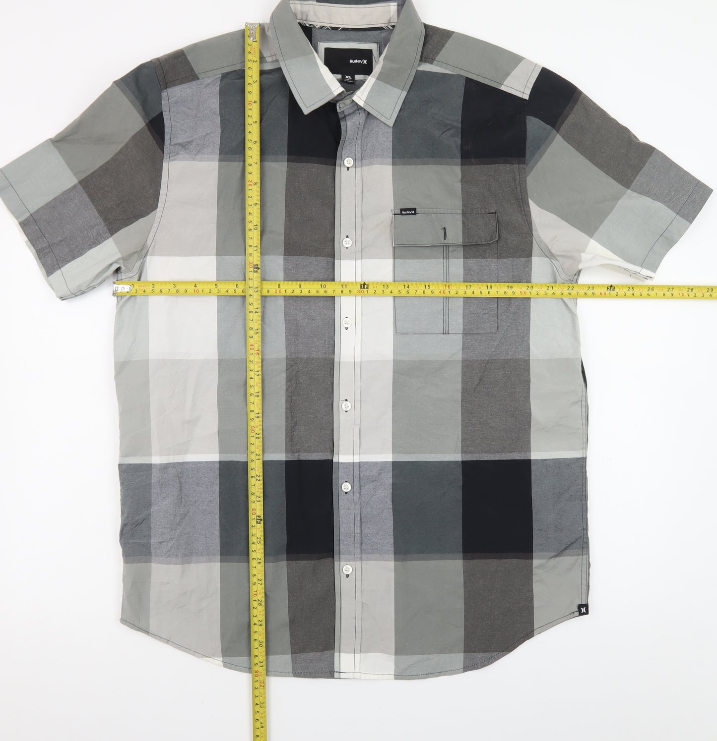 Hurley Men's Grey Check Short Sleeve Button-Up Shirt XL