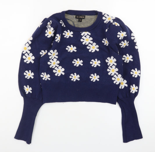 QED London Women Blue Daisy Floral Crew Neck Puff Sleeve Jumper M