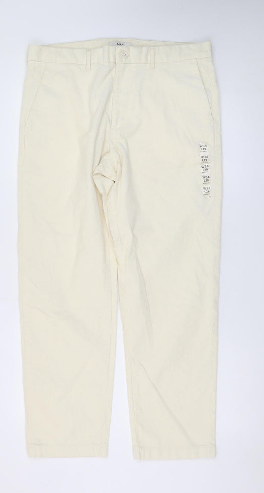 Marks and Spencer Men's Ivory Corduroy Chino Trousers 34W 29L Regular Fit