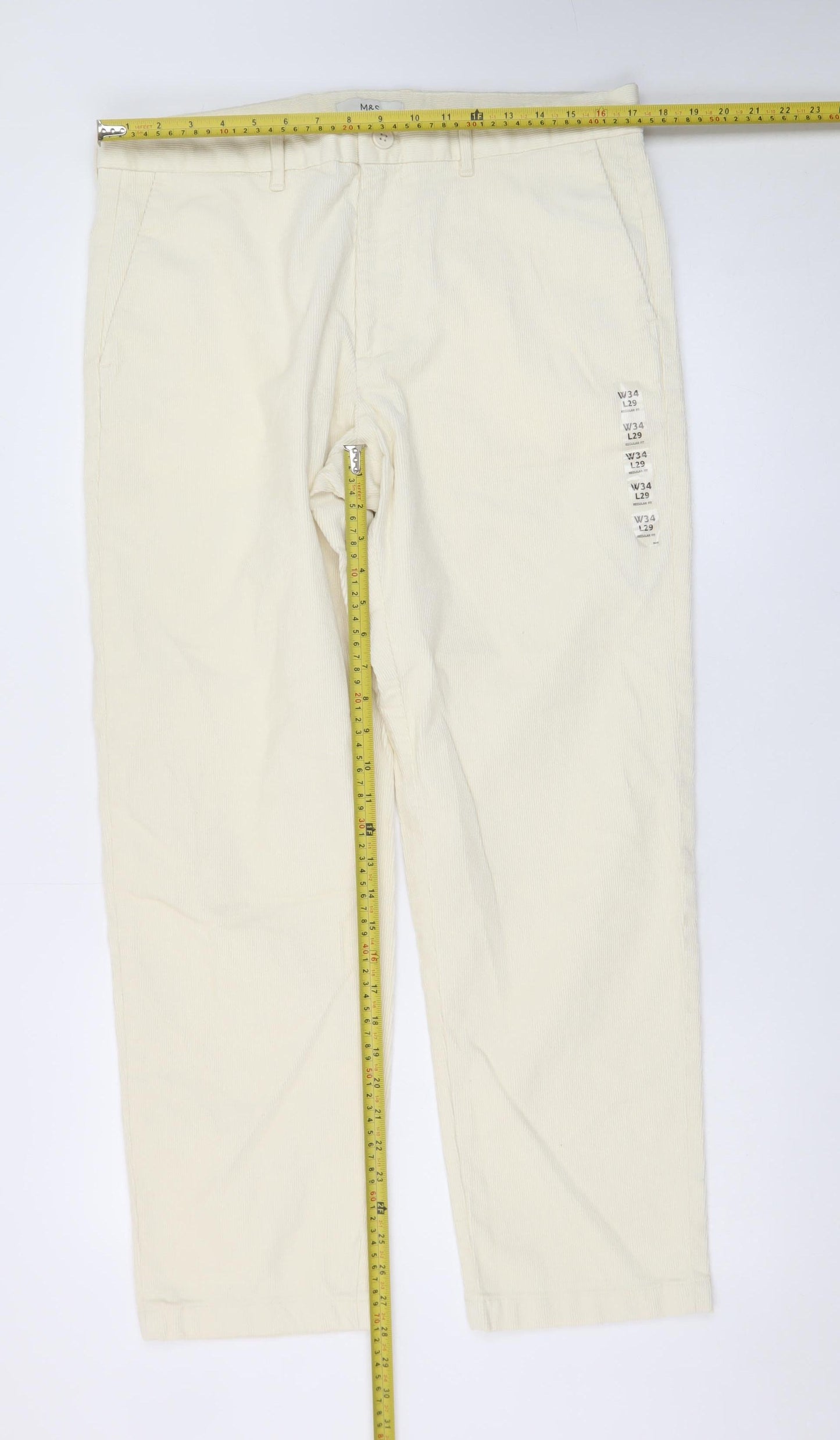 Marks and Spencer Men's Ivory Corduroy Chino Trousers 34W 29L Regular Fit