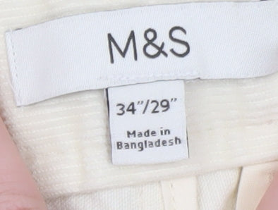 Marks and Spencer Men's Ivory Corduroy Chino Trousers 34W 29L Regular Fit