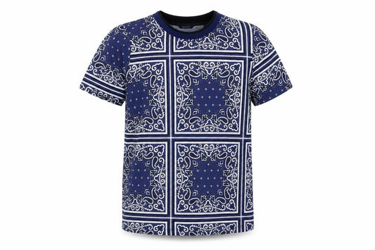 Front view of Scotch & Soda Men's Blue Geometric Print Crew Neck T-Shirt, size M