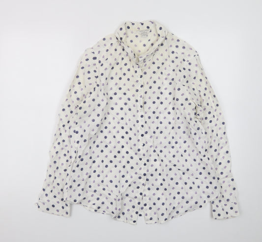 Monsoon Womens White Polka Dot Linen Button-Up Shirt Size 10