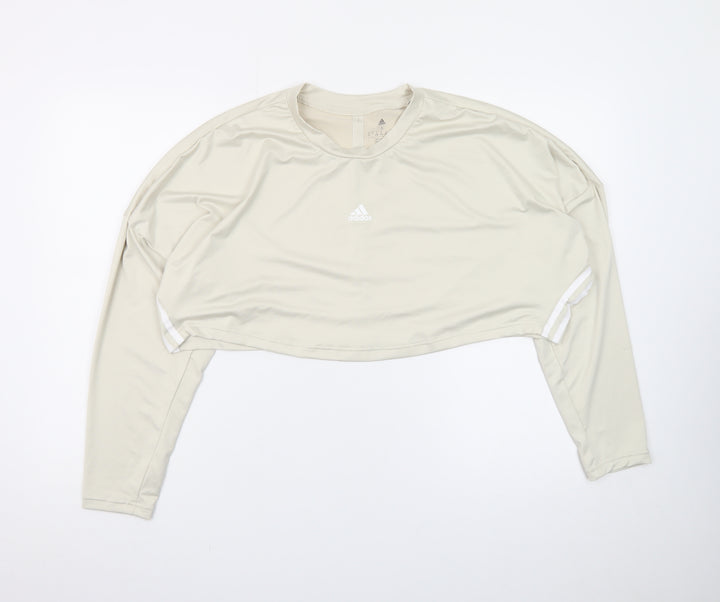 Adidas Women Beige Cropped Long Sleeve Sports T-Shirt Size S