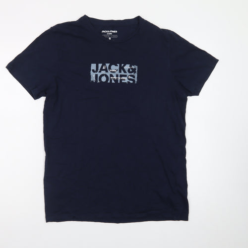 Jack & Jones Men's Blue Crew Neck Graphic Print T-Shirt M