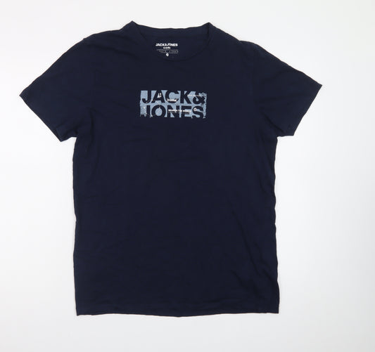 Jack & Jones Men's Blue Crew Neck Graphic Print T-Shirt M