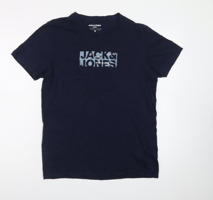 Jack & Jones Men's Blue Crew Neck Graphic Print T-Shirt M