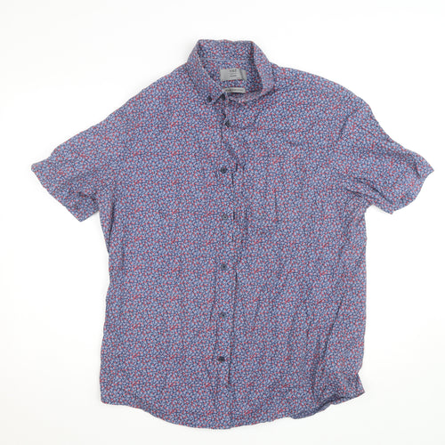 Marks and Spencer Men's Blue Floral Cotton Short Sleeve Relaxed Fit Shirt Size L