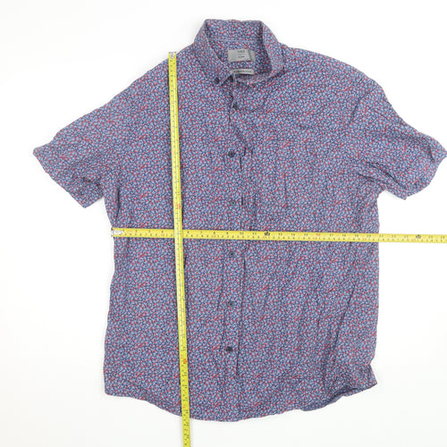 Marks and Spencer Men's Blue Floral Cotton Short Sleeve Relaxed Fit Shirt Size L