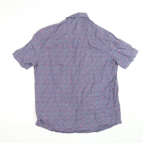 Marks and Spencer Men's Blue Floral Cotton Short Sleeve Relaxed Fit Shirt Size L