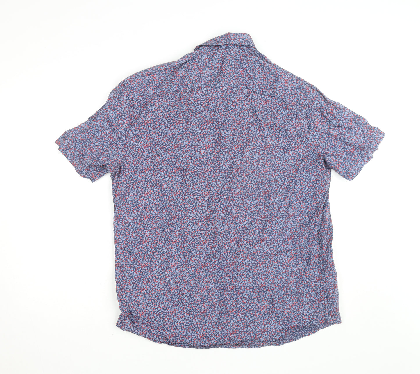 Marks and Spencer Men's Blue Floral Cotton Short Sleeve Relaxed Fit Shirt Size L