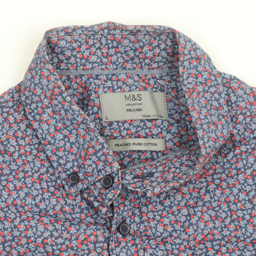 Marks and Spencer Men's Blue Floral Cotton Short Sleeve Relaxed Fit Shirt Size L