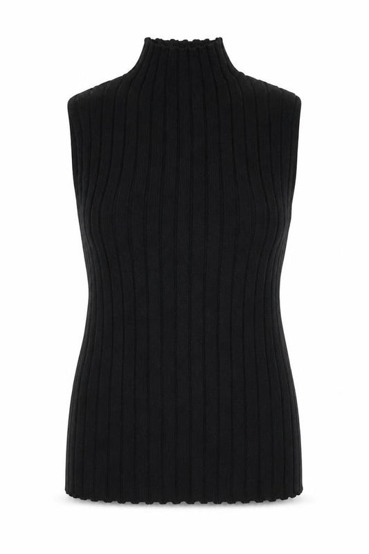 Front view of Nobody’s Child Women’s Black Ribbed Mock Neck Sleeveless Cotton Top, size UK 16