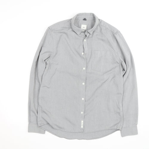 River Island Men's Grey Herringbone Cotton Long Sleeve Button-Up Shirt M