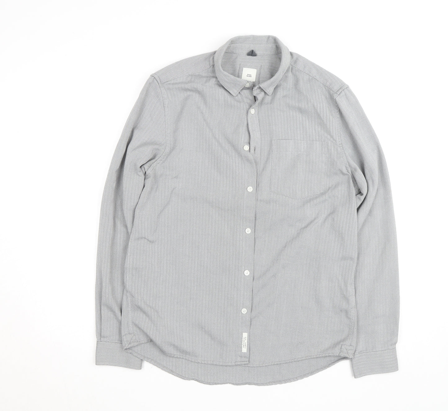 River Island Men's Grey Herringbone Cotton Long Sleeve Button-Up Shirt M