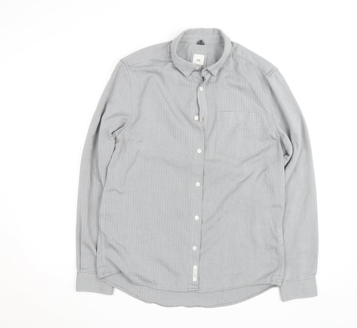 River Island Men's Grey Herringbone Cotton Long Sleeve Button-Up Shirt M